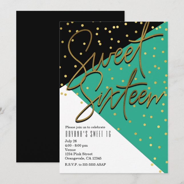 Colour Block Teal Black Dourado Sweet 16 Convites (Frente/Verso)