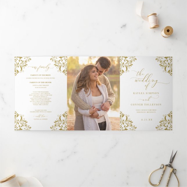 Com Borda Tripla Elegante Livreto de Programa de Casamento Dourado  (Fora)