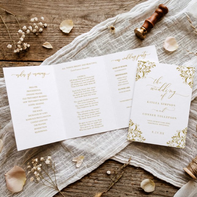 Com Borda Tripla Elegante Livreto de Programa de Casamento Dourado  (Elegant tri-fold wedding programs in vintage gold)