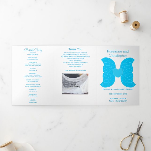 Com Borda Tripla Programa Casamento Blue Angel Wings Heart Design (Fora)