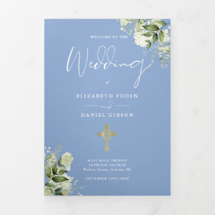 Com Borda Tripla Programa de Casamento Católico Floral Verde Azul M