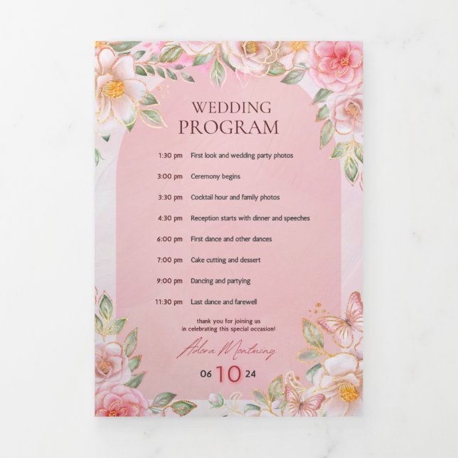 Com Borda Tripla Programa do Dia do Casamento – Desi Floral Rosa e  (Cobrir)