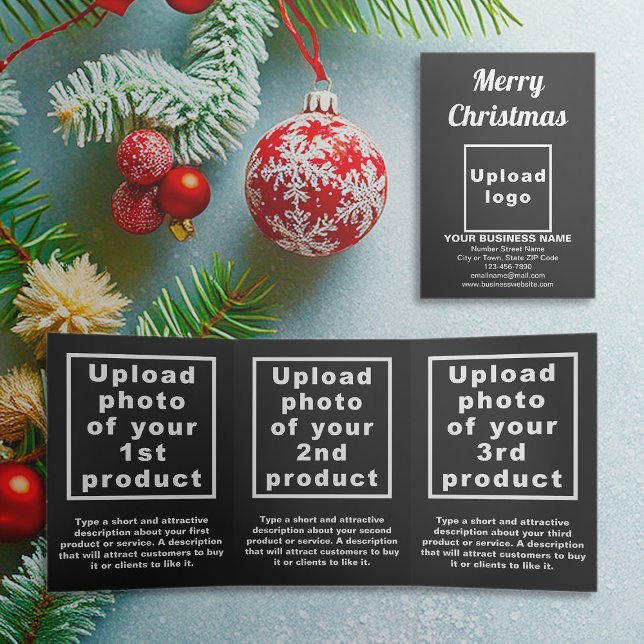 Com Dobra Tripla Branco | Natal | Cartão triplo comercial (Black trifold card for Christmas with your business brand and products or services)