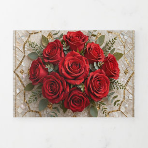 Com Dobra Tripla Cartão Mosaico de Rosas Vermelhas Luxuosas, Cantos