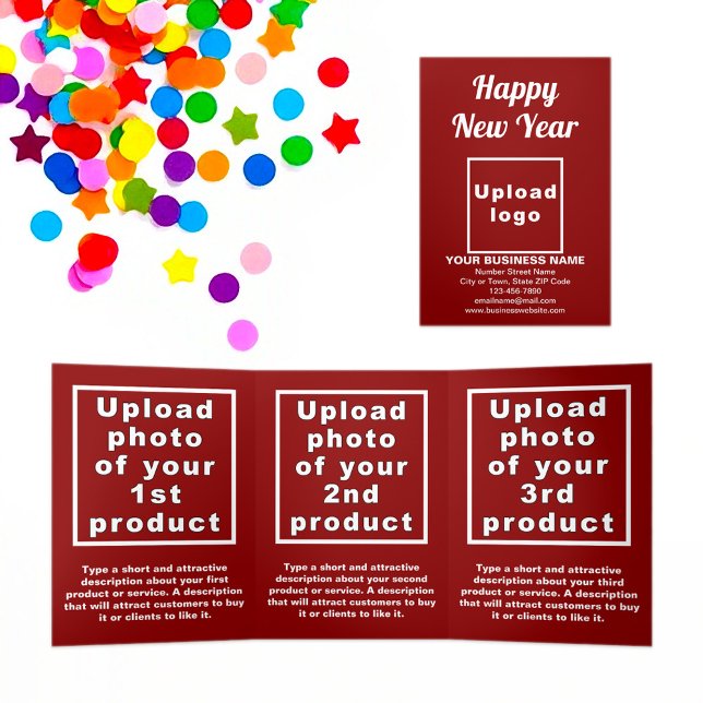 Com Dobra Tripla Cartão vermelho de ano novo para empresas (New Year greeting, business brand and products on red trifold card)