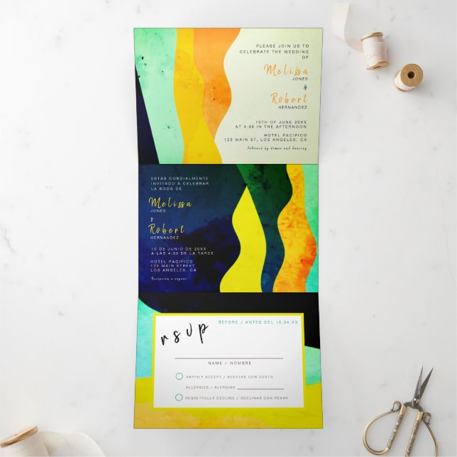 Com Dobra Tripla Casamento Bilíngue - Joias Tudo em Um Convite (Dentro)