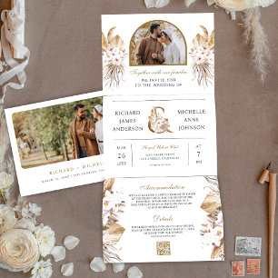 Com Dobra Tripla Convite de Casamento Boho Pampas Arch Foto Código