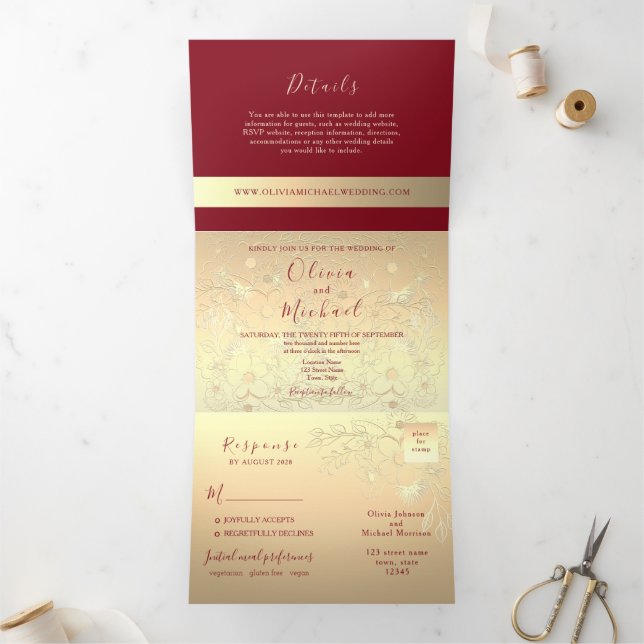 Com Dobra Tripla Convite de Casamento Burgundy Gold 3-em-1 (Dentro)