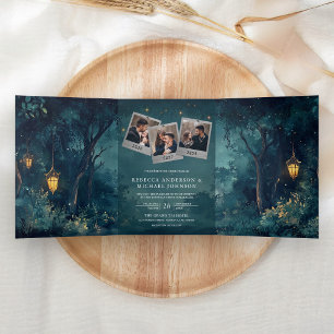 Com Dobra Tripla Convite de Casamento Código QR Foto Lanternas Flor