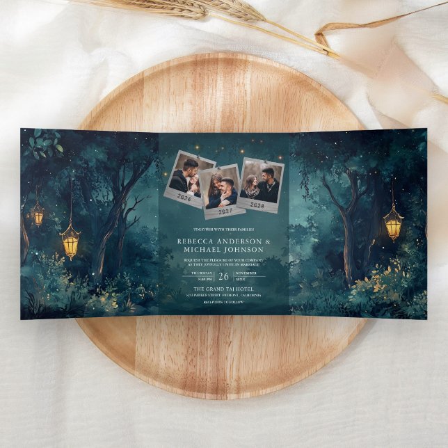 Com Dobra Tripla Convite de Casamento Código QR Foto Lanternas Flor (Inside)