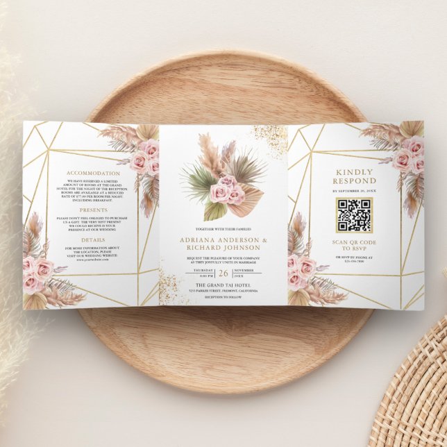 Com Dobra Tripla Convite de Casamento Código QR Rosas Pampas Poeira (Criador carregado)