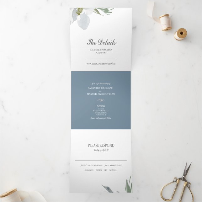 Com Dobra Tripla Convite de casamento Dusty Blue Floral Greeneresce (Dentro)