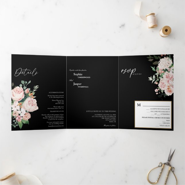 Com Dobra Tripla Convite De Casamento Em Três Formas Pretas Blush F (Dentro)