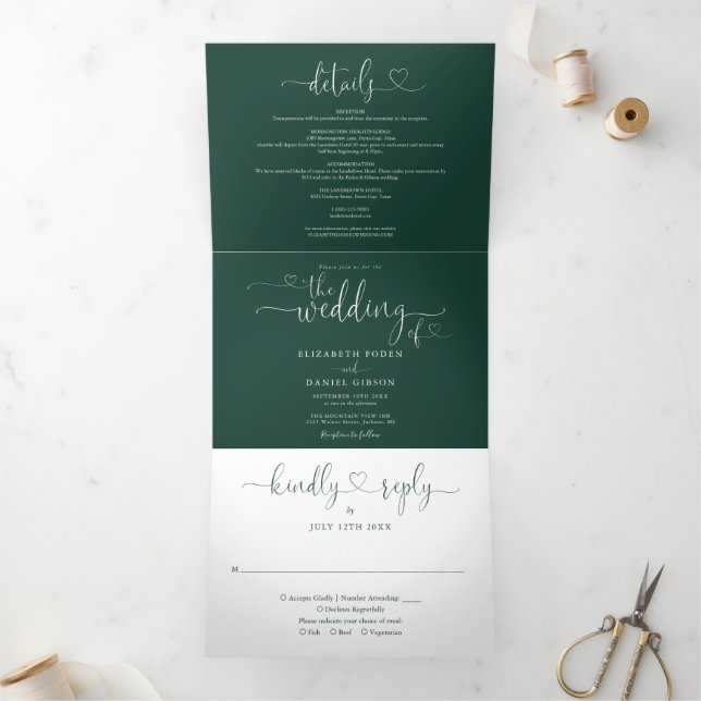 Com Dobra Tripla Convite de Casamento Emerald Green Heart Script (Dentro)