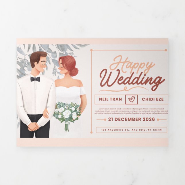 Com Dobra Tripla Convite de Casamento – Ilustração do Casal e Flore (Cobrir)