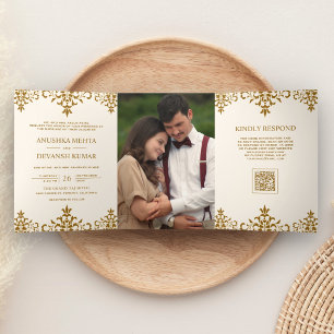 Com Dobra Tripla Convite de Casamento Indiano Código QR em Damask M