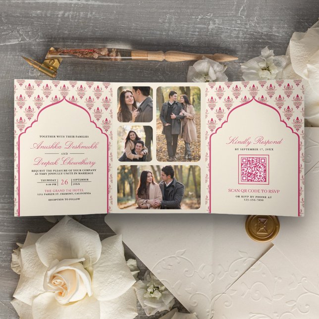 Com Dobra Tripla Convite de Casamento Indiano Cream Rani Pink Ikat  (Criador carregado)