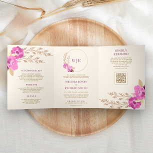 Com Dobra Tripla Convite de Casamento Marfim Floral Orquídea Rosa M
