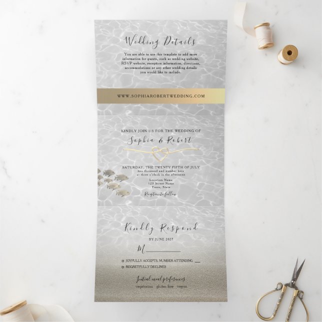 Com Dobra Tripla Convite de casamento na praia 3 em 1 Tri-Fold (Dentro)