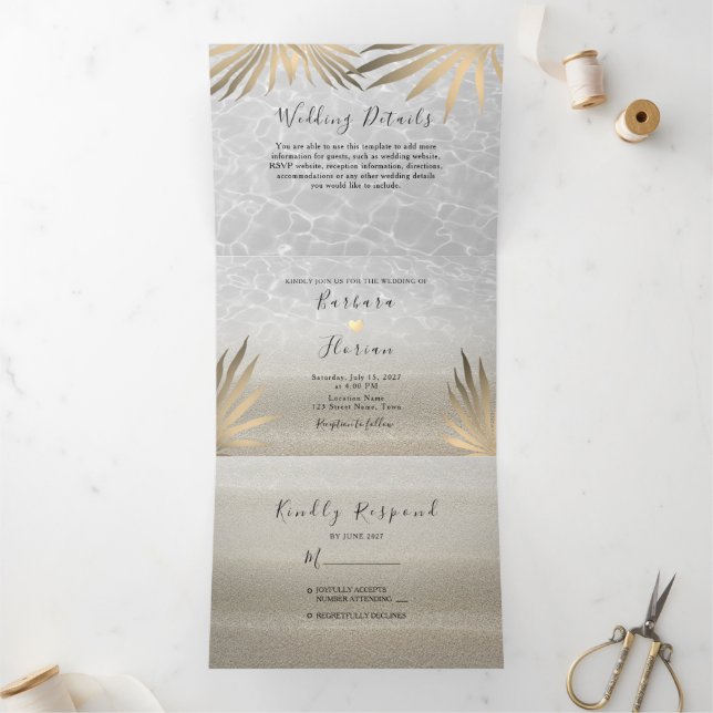 Com Dobra Tripla Convite de Casamento na Praia Tropical Tri-Fold (Dentro)