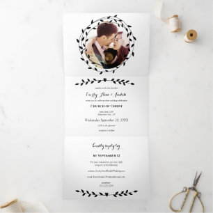 Com Dobra Tripla Convite de Casamento Preto e Branco Tri-Fold Simpl