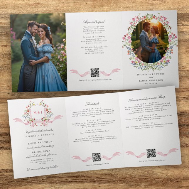 Com Dobra Tripla Convite de Casamento QR Tudo em Um Aquarela Crest  (Criador carregado)