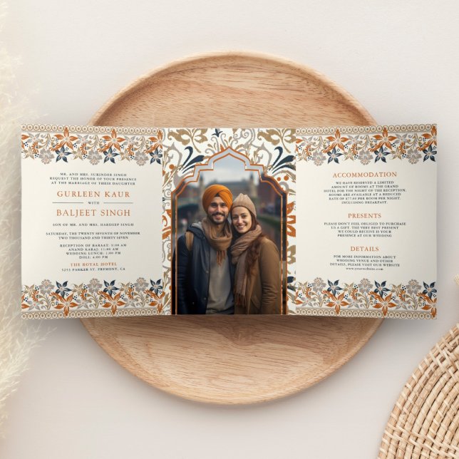 Com Dobra Tripla Convite de Casamento Sikh Anand Karaj Floral Laran (Criador carregado)