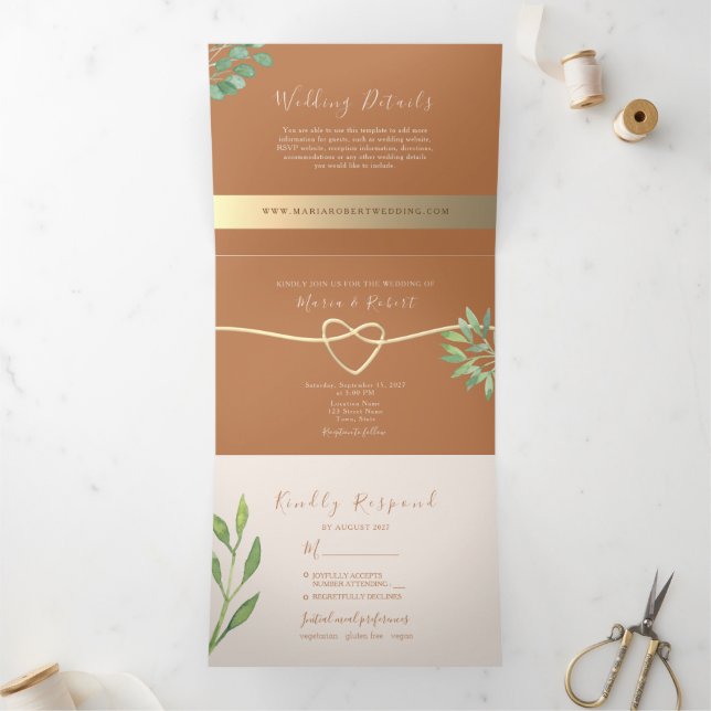 Com Dobra Tripla Convite de Casamento Terracota Tri-Fold (Dentro)