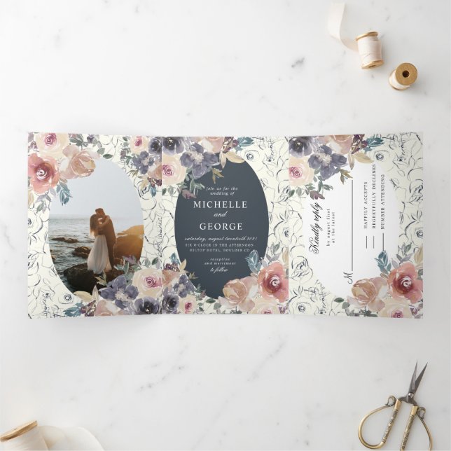 Com Dobra Tripla convite de casamento tri dobrável floral blush índ (Dentro)