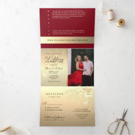 Com Dobra Tripla Convite de Casamento Tri-Fold Burgundy Gold Photo