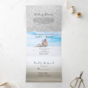 Com Dobra Tripla Convite de Casamento Tri-Fold Foto na Praia