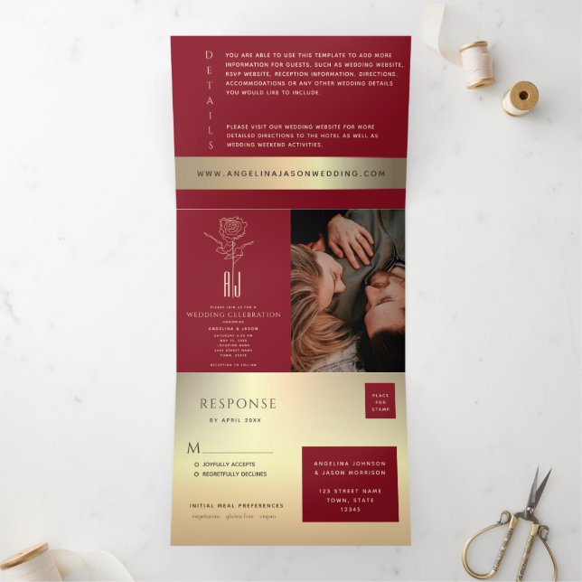 Com Dobra Tripla Convite de Casamento Tri-Fold Foto Vermelho & Dour (Dentro)