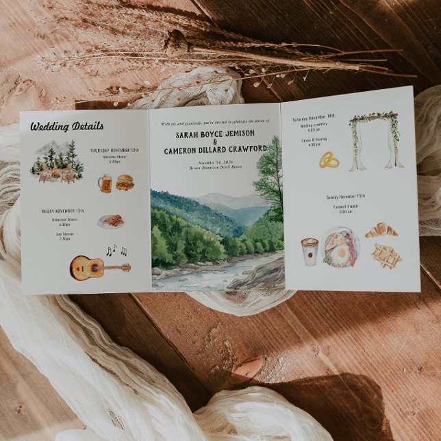 Com Dobra Tripla Convite de Casamento Tri-Fold Montanha em Aquarela (Criador carregado)