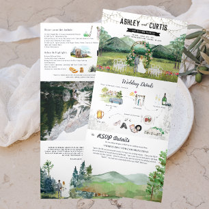 Com Dobra Tripla Convite de Casamento Tri-Fold Montanha Floresta Rú