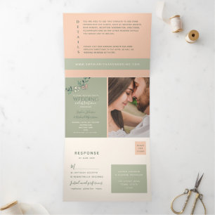 Com Dobra Tripla Convite de Casamento Tri-Fold Verde Sage Pêssego