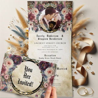 Com Dobra Tripla Convite de Casamento TriDobra Flor de Rosa Medieva