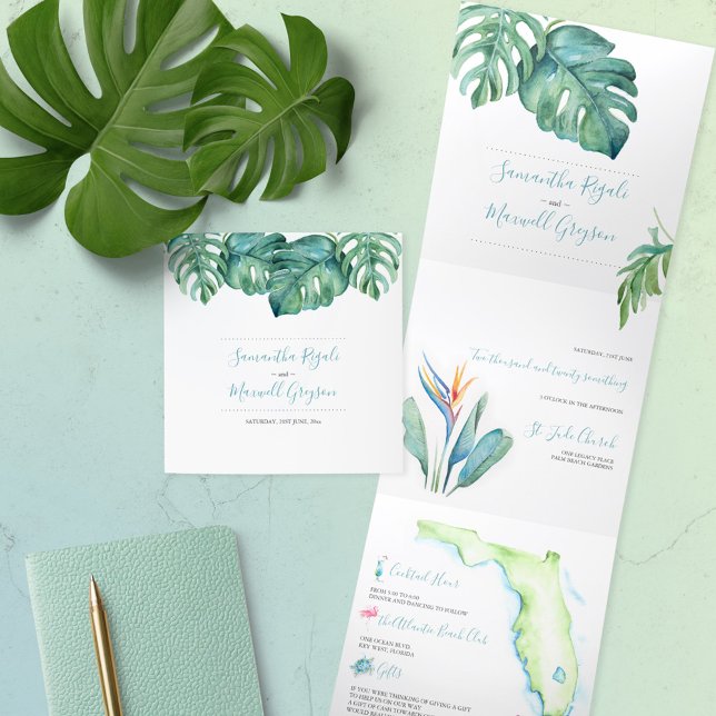 Com Dobra Tripla Convite De Casamento Tropical Da Flórida Todos Em  (All in one Florida destination wedding invitations tropical watercolor art by Victoria Grigaliunas)