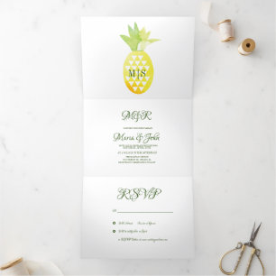 Com Dobra Tripla Convite de Casamento Tropical Fruta Abacaxi Aquare