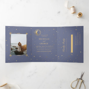Com Dobra Tripla Convite Dourado De Casamento De Pastel Celestial