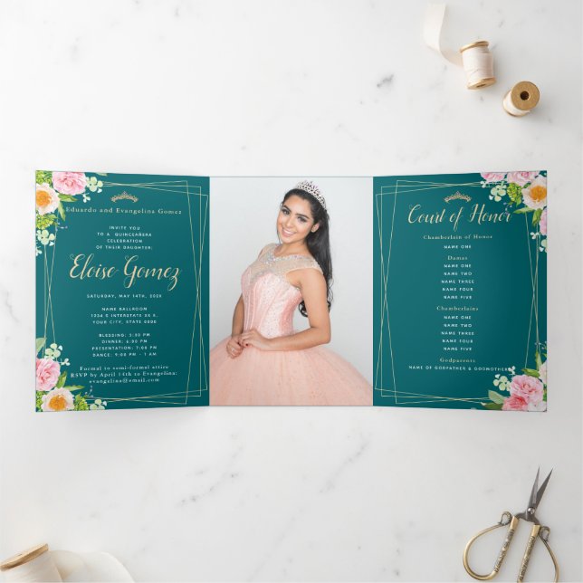 Com Dobra Tripla Convite Floral de Quinceanera Verde Triplo (Dentro)