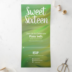 Com Dobra Tripla Convite Moderno Sweet 16 Mármore Floresta Verde On