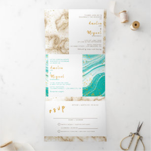 Com Dobra Tripla Convite para Casamento Bilíngue - Marble Tudo em U