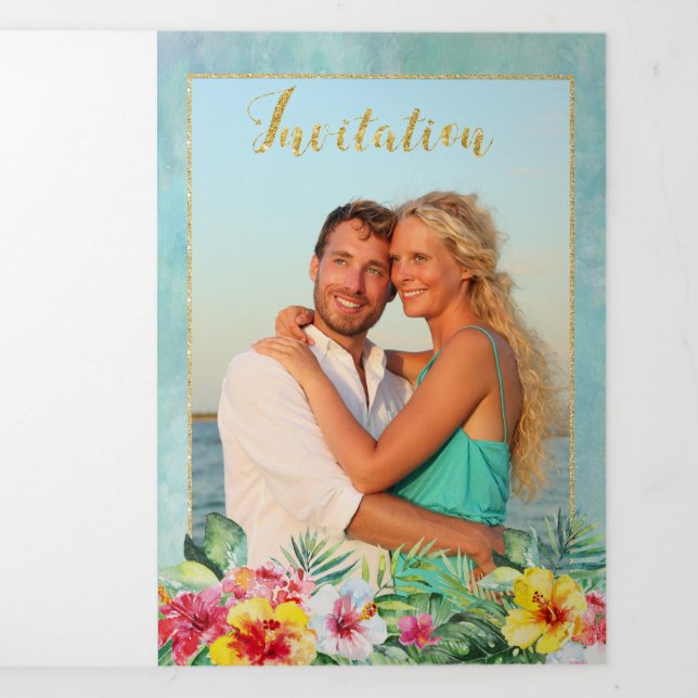 Com Dobra Tripla Convite para Casamento de Fotos Tropicais (Cobrir)