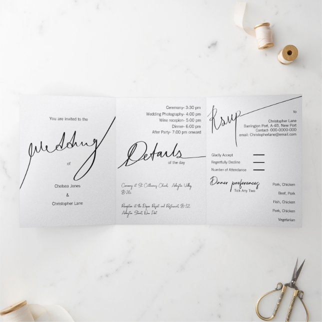 Com Dobra Tripla Convite para Casamento Elegante Triplicado Persona (Dentro)