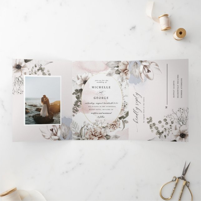 Com Dobra Tripla convite para casamento prata blush floral triplo (Dentro)