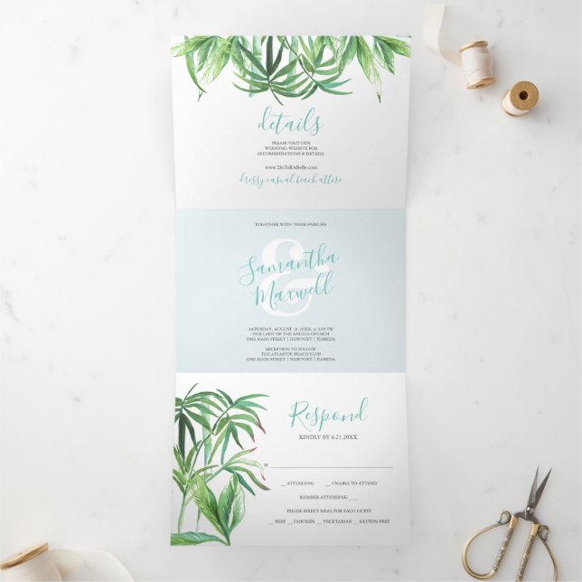 Com Dobra Tripla Convite para Casamento Tropical Greenerescência Tr (Dentro)