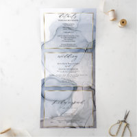 Convite Tri-Fold Abstract Ink Azul Empoeirado Amei