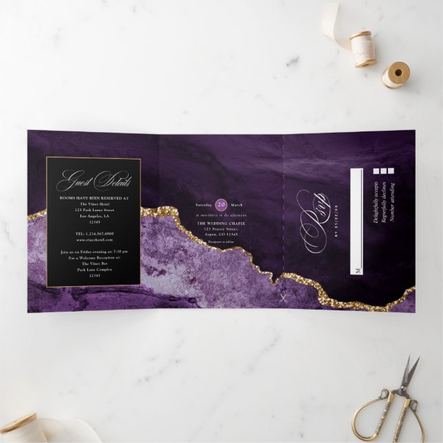 Com Dobra Tripla Convite Triplo De Casamento De Agato Roxo E Dourad (Dentro)