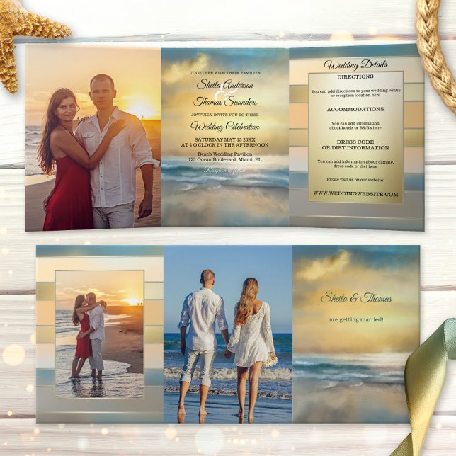 Com Dobra Tripla Convite Triplo de Casamento de Destino de Praia (Tri-fold wedding invitation featuring your photos on a painting of a sunset at a stormy beach)