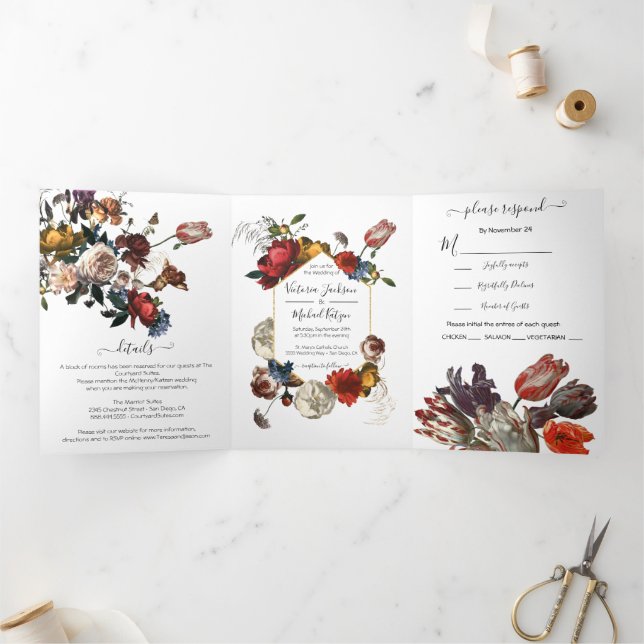Com Dobra Tripla Convite Triplo De Casamento De Foto Floral Rembran (Dentro)